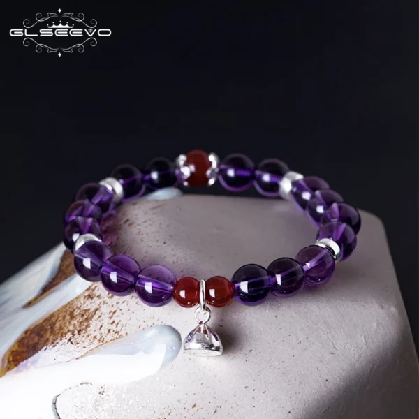 GLSEEVO 925 Sterling Silver Women Bracelet Natural Stone Amethyst Agate Gift Adjustable Bracelets Luxury Fine Jewellery GB0070