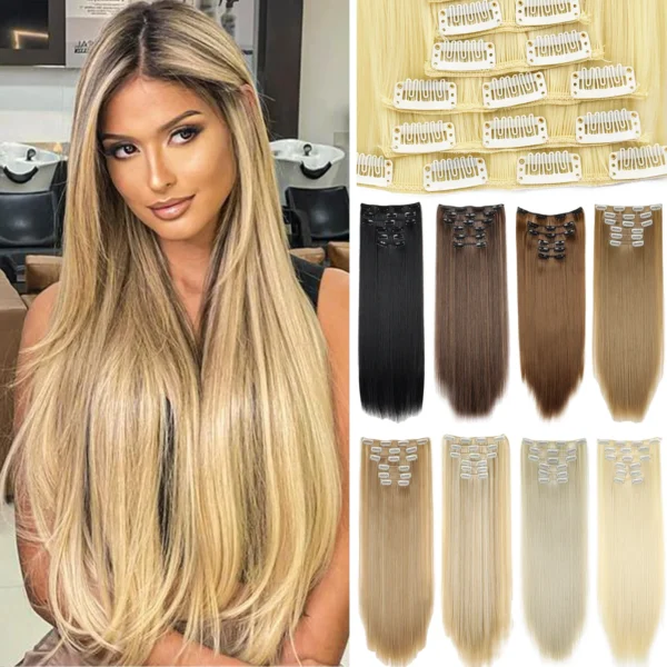 540046415 Black Hair Extensions 24"/60cm 6pcs/set Women Long Straight Synthetic Full Head Clip 16 Clips Ombre Heat Resistant Fiber Hair
