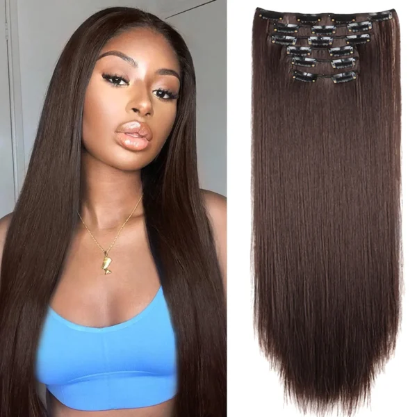 540046417 Black Hair Extensions 24"/60cm 6pcs/set Women Long Straight Synthetic Full Head Clip 16 Clips Ombre Heat Resistant Fiber Hair