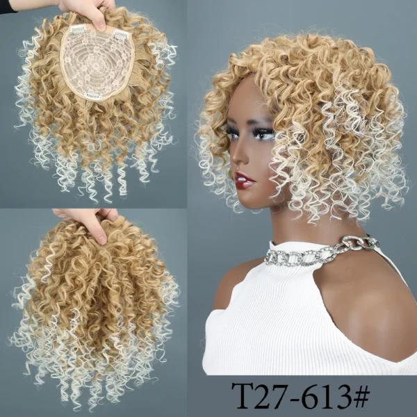 Synthetic Short Afro Curly Hair Toppers Brown Blonde Mixed Color Hair Toupee Hair Piece For Women and Men Increase Hair Volume