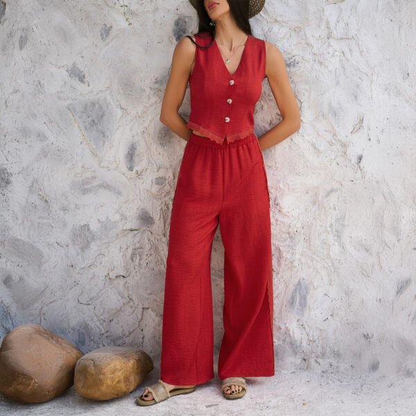 Leisure vacation solid color cardigan vest wide leg pants set