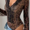 Perfee Leopard V-Neck Lace Bodysuit