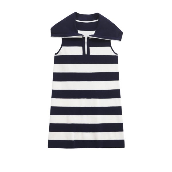 Color blocking striped sleeveless knitted lapel dress for women