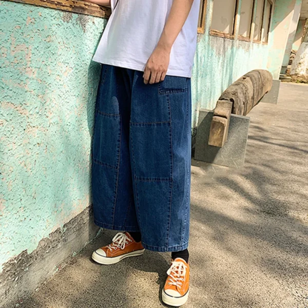 Jeans Ankle-Length  New Drawstring Elastic Waist Wide Leg Mens Loose Soft Denim Pants Hip Hop Streetwear