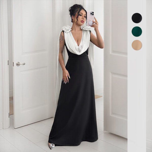 European and American banquet wedding party high-end and elegant style V-neck contrasting color sleeveless dress