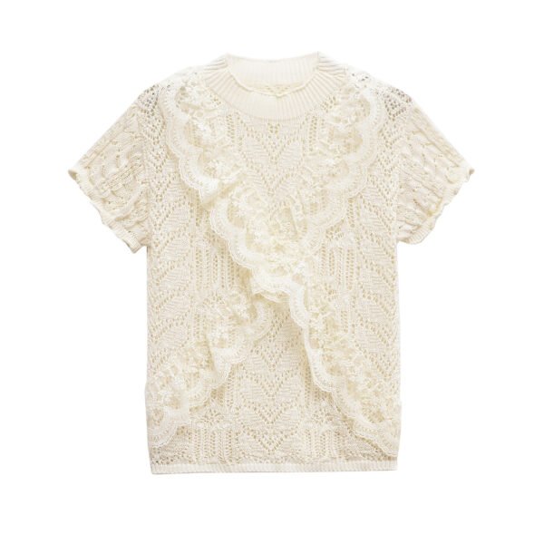 Round neck short sleeved jacquard mesh hollowed out T-shirt top for women