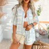 Pomerania Indian Leisure Vacation Floral Cross Color Cardigan Short Pants Set