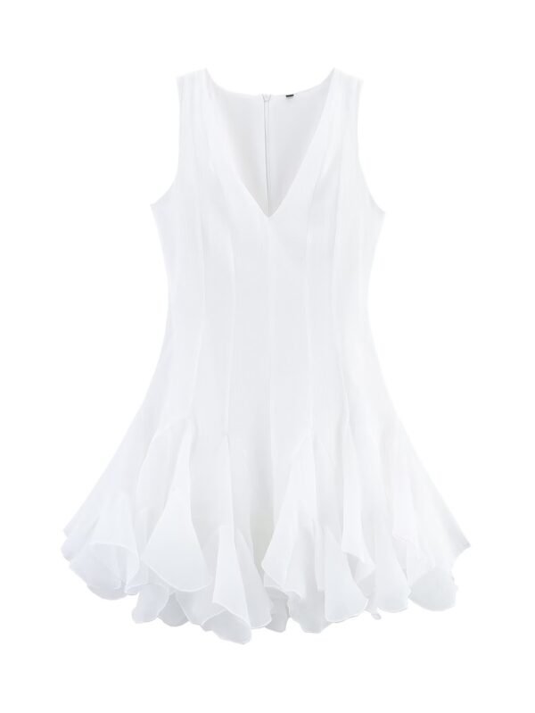 V-neck sleeveless layered ruffle edge fluffy dress