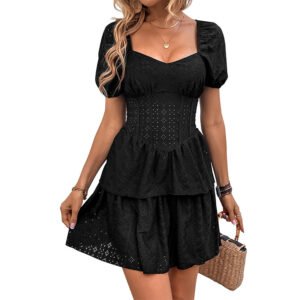 Sweet Wind Hollow Waist Bubble Sleeves Black Square Neck Dress