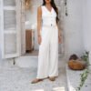 Leisure vacation solid color cardigan vest wide leg pants set