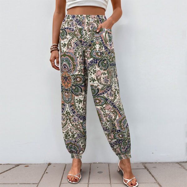 European and American high waisted elastic waisted ethnic style printed loose lantern pants