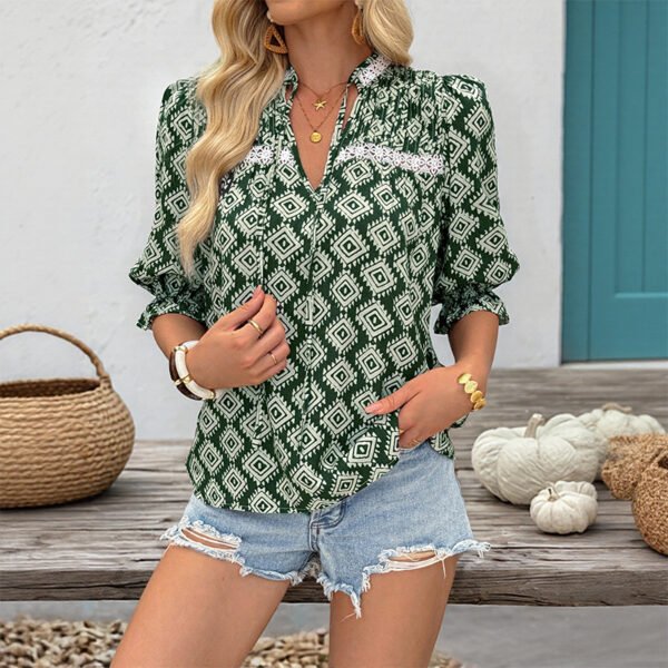 Personalized casual ruffled short sleeved geometric printed women's fashionable shirt