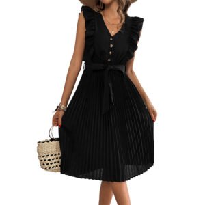 Sweet and elegant ruffled V-neck sleeveless pleated dress from Europe and America