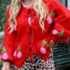 Tied Cherry Round Neck Long Sleeve Cardigan