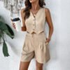 Retro fashion style solid color V-neck vest shorts women's set summer