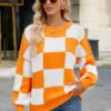 Checkered Round Neck Long Sleeve Sweater