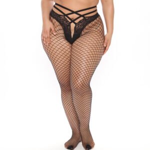 Sexy Cross-Strap Suspender Thigh-High Fishnet Tights with Lace Jacquard and Super Stretchy Large Mesh for Women"