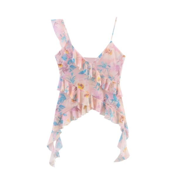 Slim fit layered tassel embellished silk mesh printed camisole top for women
