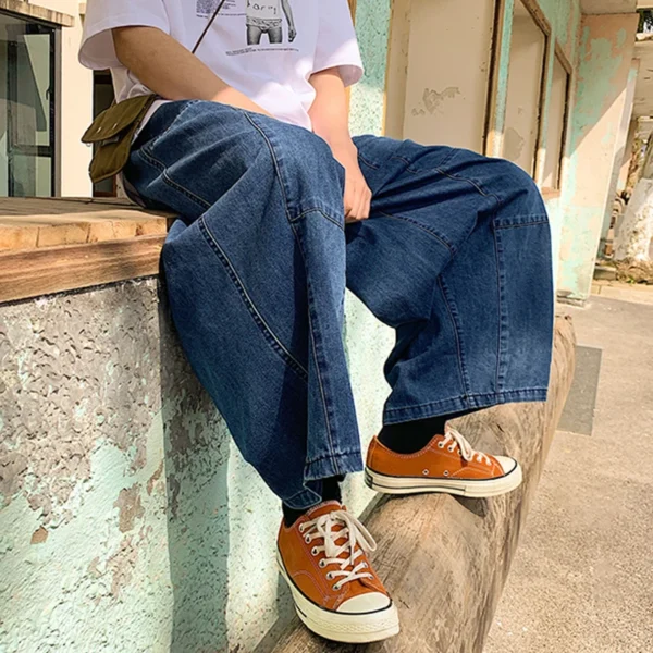 Jeans Ankle-Length  New Drawstring Elastic Waist Wide Leg Mens Loose Soft Denim Pants Hip Hop Streetwear