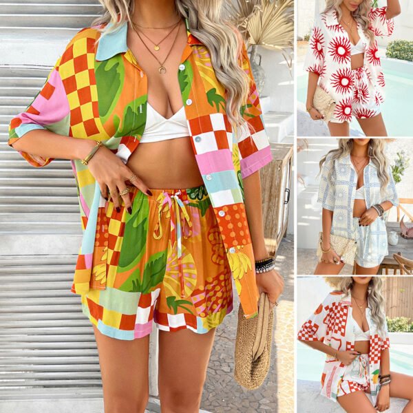 Pomerania Indian Leisure Vacation Floral Cross Color Cardigan Short Pants Set