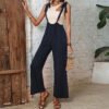 European and American casual simple lace up high waisted solid color wide leg overalls for women