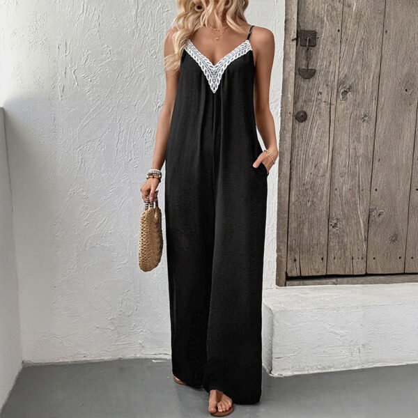 European and American casual minimalist style lace patchwork suspender wide leg jumpsuit