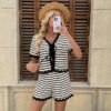 Casual striped lace splicing two-piece set, new European and American women's bow shorts set