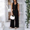 Leisure vacation solid color cardigan vest wide leg pants set