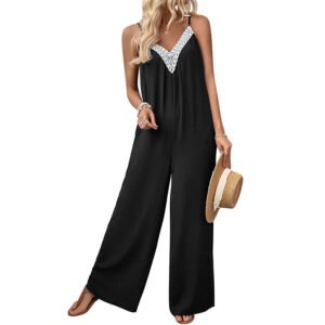 European and American casual minimalist style lace patchwork suspender wide leg jumpsuit