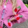 Tied Cherry Round Neck Long Sleeve Cardigan