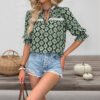 Personalized casual ruffled short sleeved geometric printed women's fashionable shirt