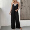 European and American casual minimalist style lace patchwork suspender wide leg jumpsuit