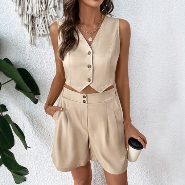 Retro fashion style solid color V-neck vest shorts women's set summer