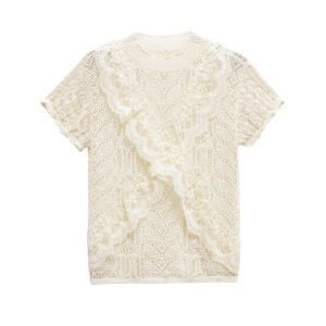 Round neck short sleeved jacquard mesh hollowed out T-shirt top for women
