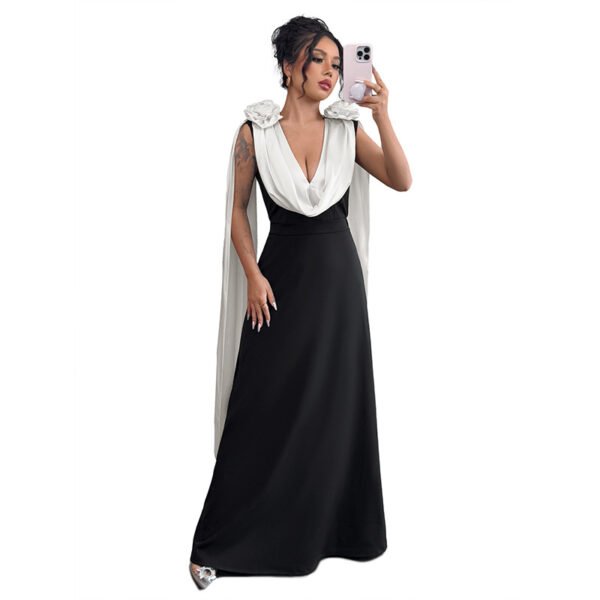 European and American banquet wedding party high-end and elegant style V-neck contrasting color sleeveless dress