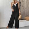 European and American casual minimalist style lace patchwork suspender wide leg jumpsuit