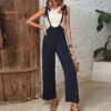 European and American casual simple lace up high waisted solid color wide leg overalls for women