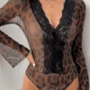 Perfee Leopard V-Neck Lace Bodysuit