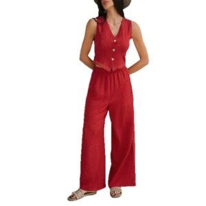 Leisure vacation solid color cardigan vest wide leg pants set