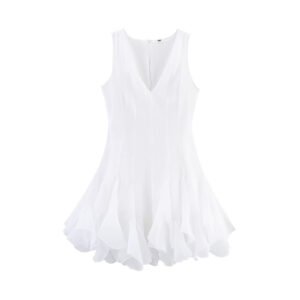 V-neck sleeveless layered ruffle edge fluffy dress