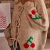Tied Cherry Round Neck Long Sleeve Cardigan