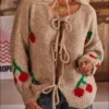 Tied Cherry Round Neck Long Sleeve Cardigan