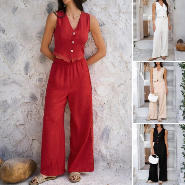 Leisure vacation solid color cardigan vest wide leg pants set