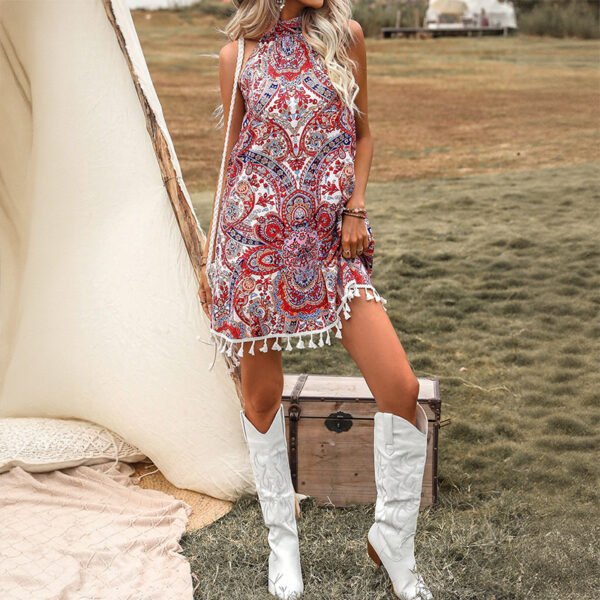 European and American neck hanging sleeveless printed dress