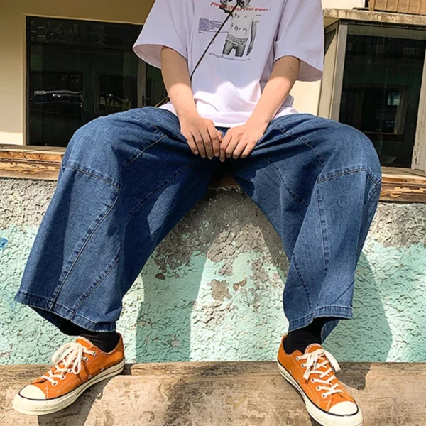Jeans Ankle-Length  New Drawstring Elastic Waist Wide Leg Mens Loose Soft Denim Pants Hip Hop Streetwear