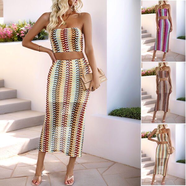 Slim fit sexy striped strapless skirt set