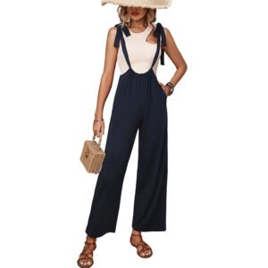 European and American casual simple lace up high waisted solid color wide leg overalls for women
