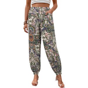 European and American high waisted elastic waisted ethnic style printed loose lantern pants
