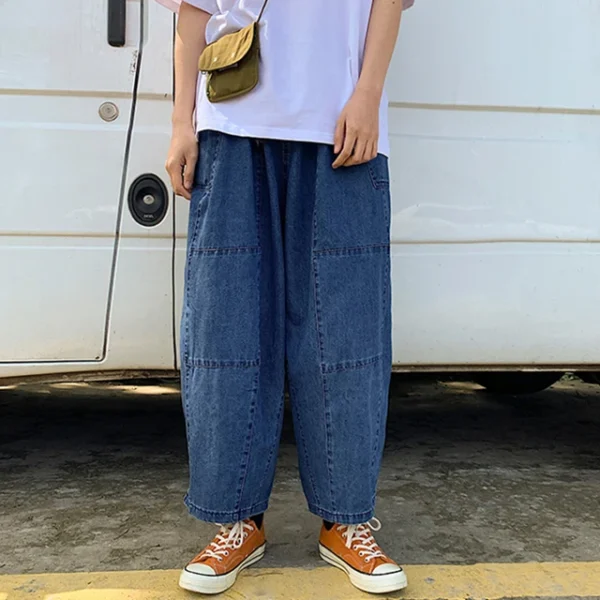Jeans Ankle-Length  New Drawstring Elastic Waist Wide Leg Mens Loose Soft Denim Pants Hip Hop Streetwear