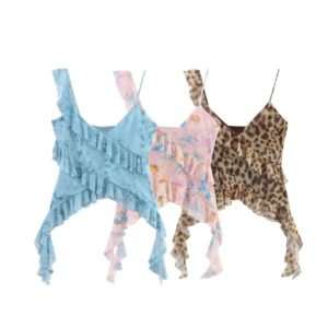 Slim fit layered tassel embellished silk mesh printed camisole top for women